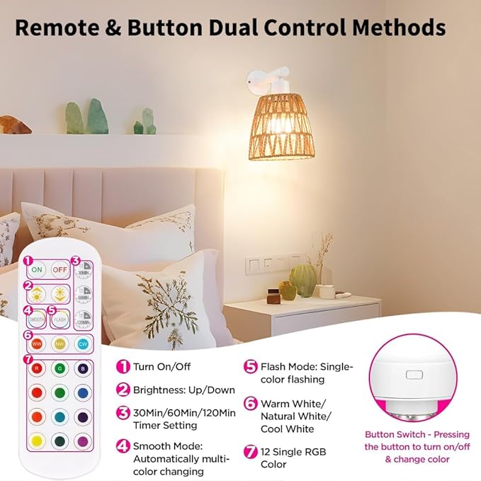 Battery Operated Wall Sconce Set of 2, Boho USB Rechargeable Wall lamp, White Farmhouse Rattan Sconce Lighting with Remote, RGB 15 Colors Modes Rechargeable Wall Lights for Bedroom Livingroom Hallway