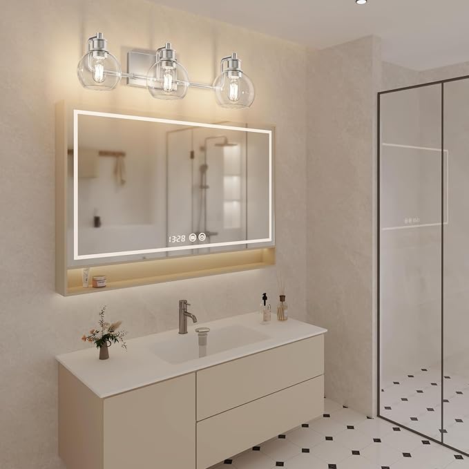 Tipace 3 Lights Vanity Light Bathroom Light Fixture Over Mirror for Bathroom Glass Shade Lights Brushed Nickel Vintage Lighting Fixture(Exclude Bulb)