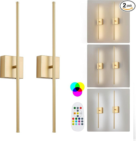 KARTOOSH 28.3 Inch 9 RGB Color Battery Operated Wireless Wall Sconces Set of Two, with Remote, Dimmable, Warm/Natural White/Daylight, Rotatable, LED Wall Light for Living Room, Bedroom, Gold