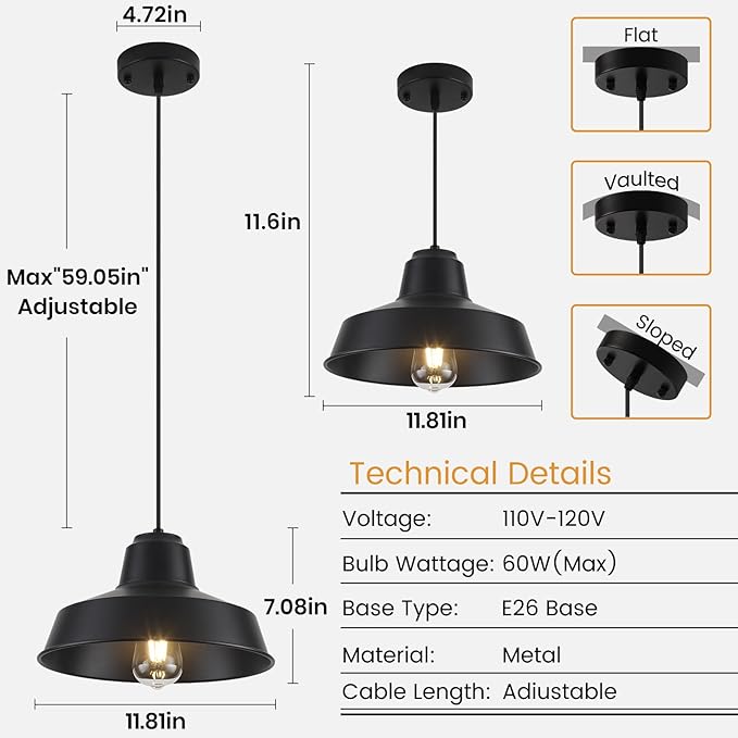 Black Pendant Lights Kitchen Island 2 Pack, 11.8" Farmhouse Kitchen Island Light, Matte Black Industrial Pendant Lighting, Modern Pendant Lights for Kitchen Island Dining Room