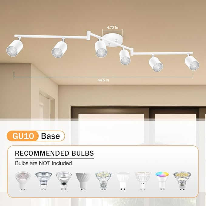 BoostArea LED 6 Light Track Lighting Kit, White 6 Way Ceiling Spot Lighting, Flexibly Rotatable Light Head for Kitchen, Living Room, Bedroom, GU10 Bulb Not Included