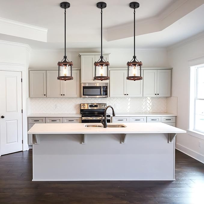 SGLfarmty Farmhouse Pendant Light for Kitchen Island, Rustic Black and Wood Light Fixtures with Glass Shade, Blown Pendant Lamps Over Table, Farmhouse Hanging Light for Dining Room, Sink, Bar, 1 Pack