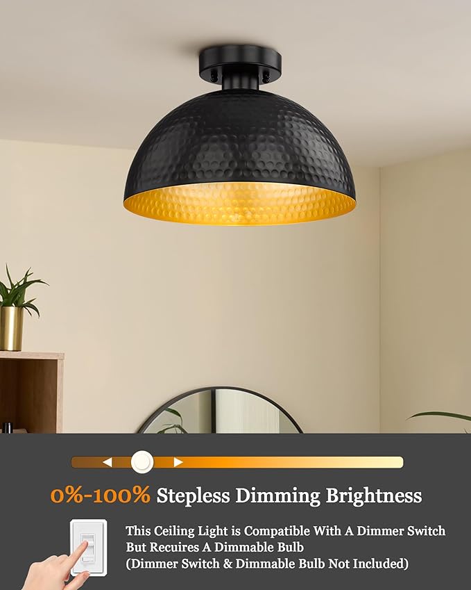 ELYONA 2 Pack Hammered Semi Flush Mount Light Fixture, 12 inch Farmhouse Ceiling Light Fixture with Modern Black and Gold Finish for Bedroom, Bathrooms, Hallway, Kitchen, Porch, Laundry, Foyer