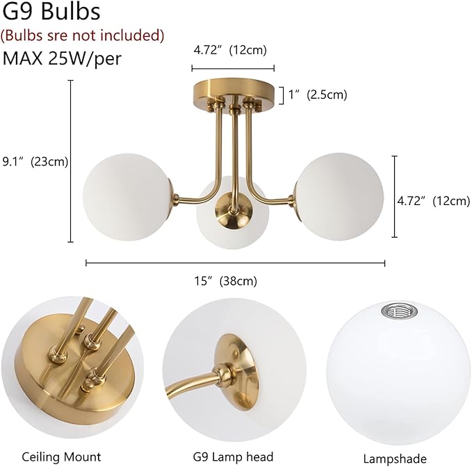 Modern Semi Flush Mount Ceiling Light 3-Light,Globe White Glass Shade Semi Flush Mount Ceiling Light, Sputnik Chandeliers for Bedroom Hallway Dining Room Lighting Fixture