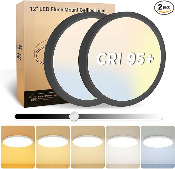 2Pack 12 Inch LED Flush Mount Ceiling Light, 25W, 3000LM, CRI 95+, 2700K-5000K 5CCT & Dimmable, Black Round Surface Flat Panel Light for Hallway, Kitchen, Bedroom, Laundry Room