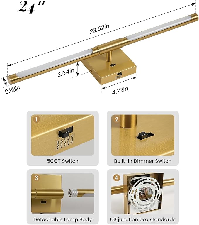 Gold Vanity Light Fixtures for Bathroom Over Mirror 24 inch LED Bath Sconces IP44 5CCT Adjustable Morden Picture Lights for Paintings (Built-in Dimmer)