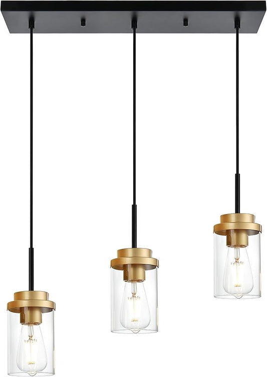 MELUCEE 20.5 Inches Dining Room Light Fixture Hanging 3-Lights Kitchen Pendant Light Fixture Over Island Black Ceiling Hanging Lamp with Clear Glass Shade, Gold Socket