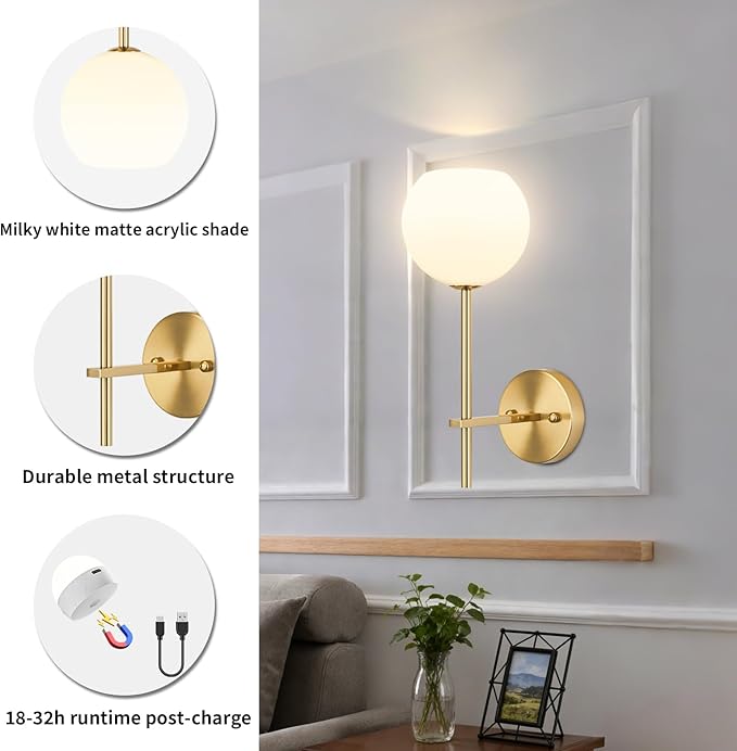 Gold Battery Operated Wall Sconces Set of 2, Wireless Rechargeable Wall Light Fixtures for Home Decor, 12 RGB and 3CCT Dimmable Wall Lamps with Remote for Bedroom Living Room Hallway