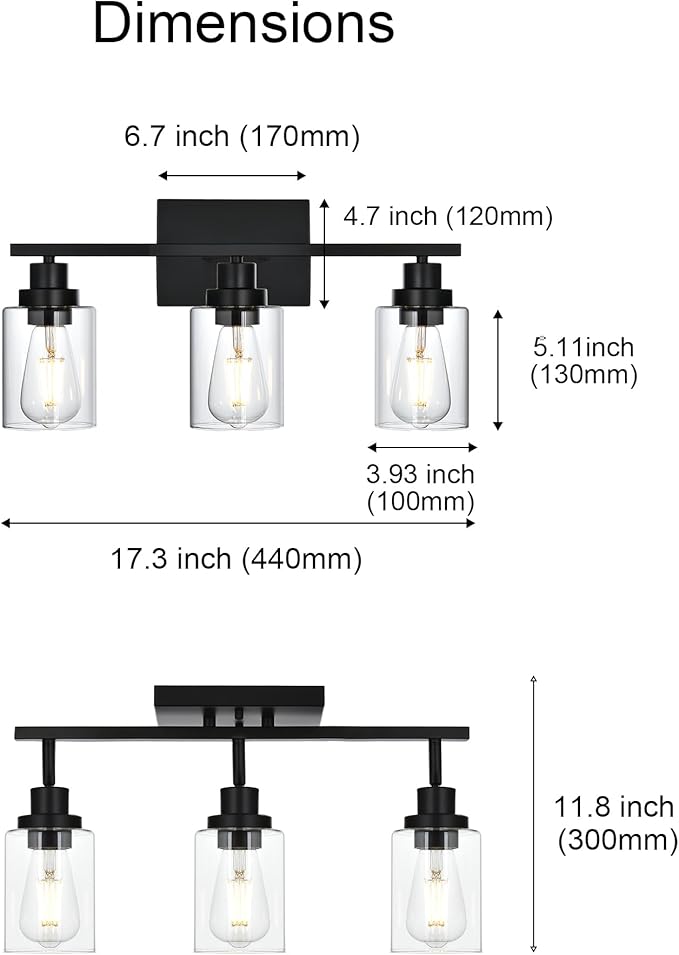 3-Light Track Lighting Kit Black Track Lighting Fixtures Bathroom Wall Sconces Ceiling Mount Kitchen Tracking Lights, Rotatable Spotlight with Clear Glass Shade for Kitchen Shop Hallway
