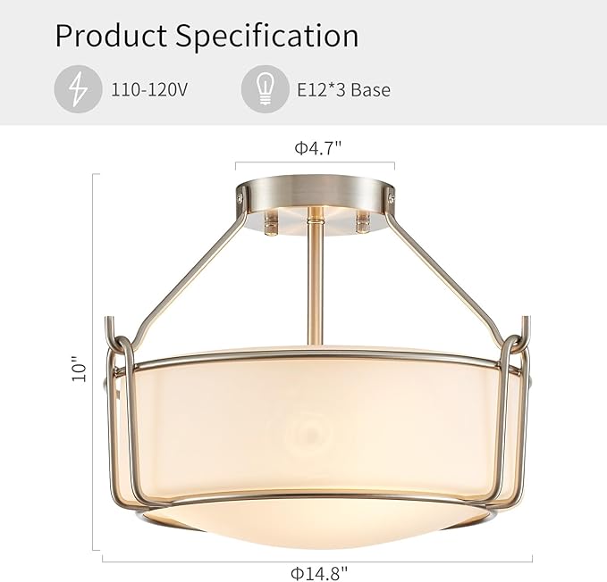 WUZUPS Chandelier 3-Light Semi-Flush Mount Ceiling Light Frosted White Glass Shade Modern Lighting Fixture for Diningroom Hallway Kitchen Bathroom, H 10" x W 14.8", E12 Base, Brushed Nickel