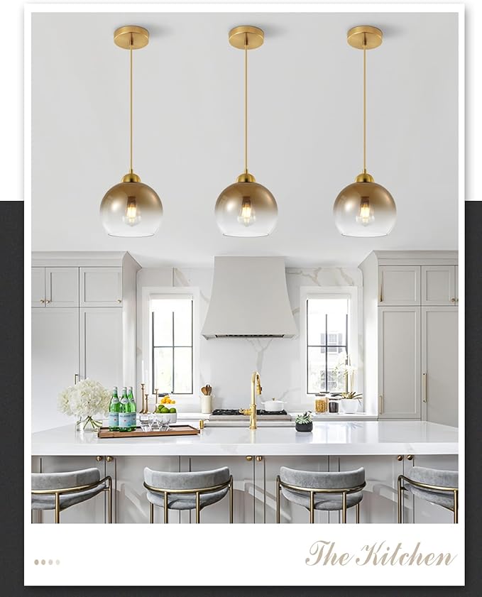 Modern Gradient Gold Glass Pendant Light，7.8-Inch Globe Adjustable Hanging Pendant Light for Bedroom Kitchen Island Dining Room Stairwell