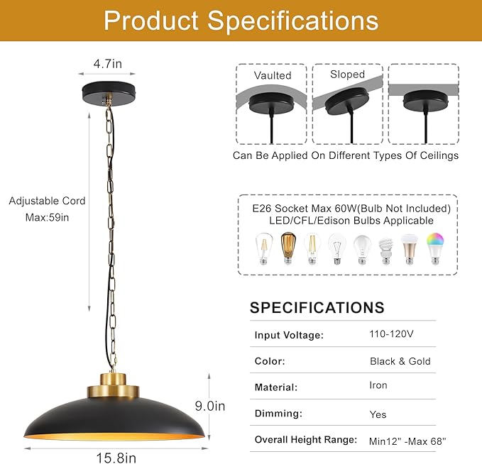 15.8 Inch Large Black and Gold Pendant Light, Industrial Pendant Lighting Fixtures, Vintage Dome Ceiling Hanging Lamp for Kitchen Island Dining Room