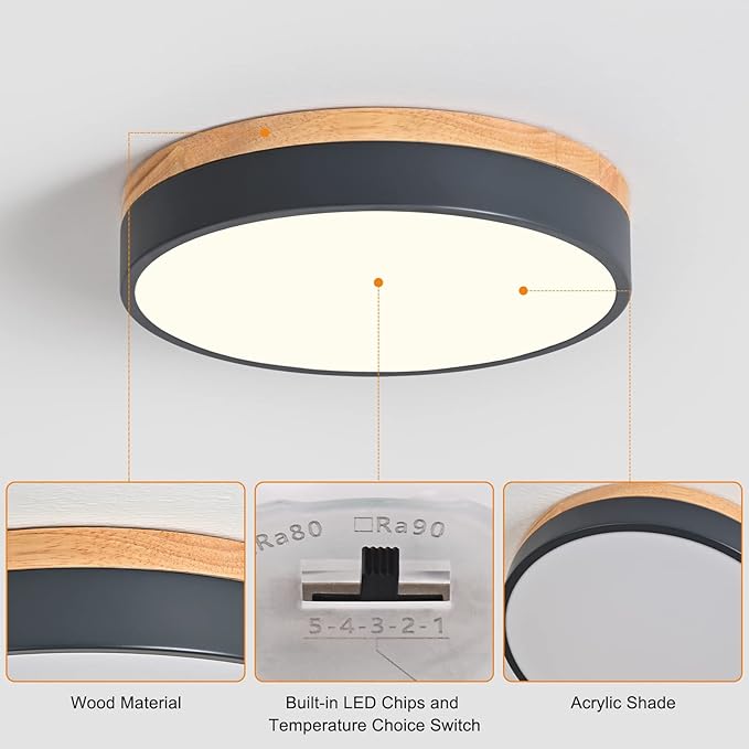 Yiisem Dimmable Wood LED Flush Mount Ceiling Light, 5CCT 2700K-6000K Modern Round Close to Ceiling Lighting Fixtures, Minimalist Grey Ceiling Lamp for Bedroom, Kitchen, Laundry Room, Hallway