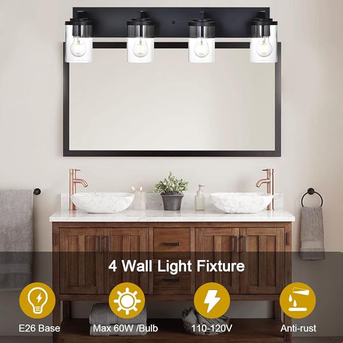 BONLICHT Modern Wall Bathroom Vanity Light Fixture 4 Light Black Metal with Clear Glass Shade,Industrial Vintage Farmhouse Wall Mount Lighting Sconce Bath Lighting Over Mirror for Kitchen Hallway