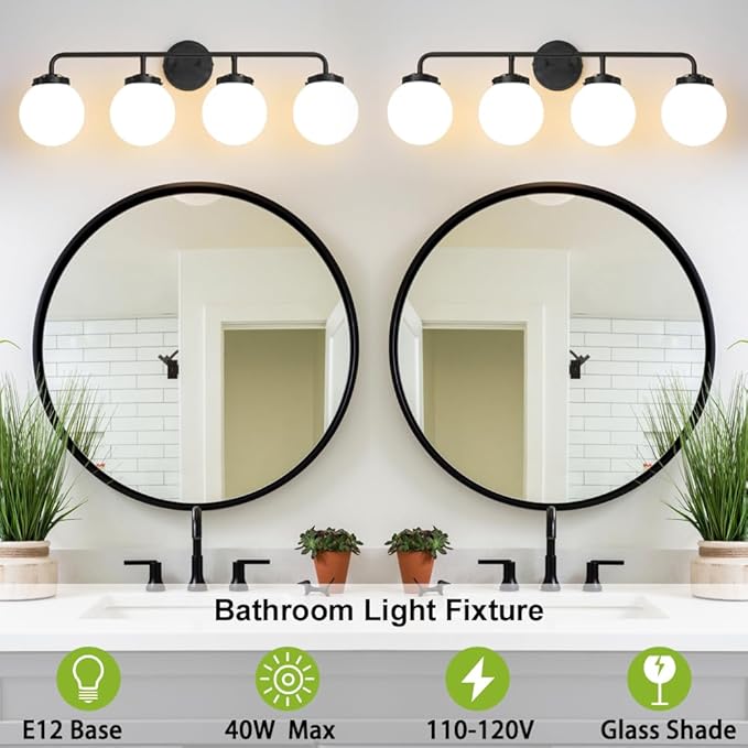 Bathroom Light Fixtures Over Mirror, 4-Light Matte Black Vanity Lighting with Milk White Glass Globe Shades Modern Wall Sconce