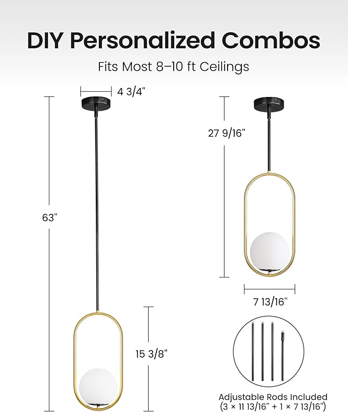 Yunnix Pendant Lights Kitchen Island, Pendant Light Fixtures, 2 Pack Modern Black and Gold Globe Glass Pendant Lighting, Mid Century Chandelier One Light for Bathroom Bedroom Dining Room
