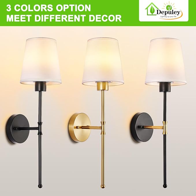 Depuley Battery Operated Wall Sconce: Set of 2 Wireless Wall Lights with Remote for Bedroom - Rechargeable 15 Colors Gold Wall Lamp for Living Room Hallway (Pack of 2)