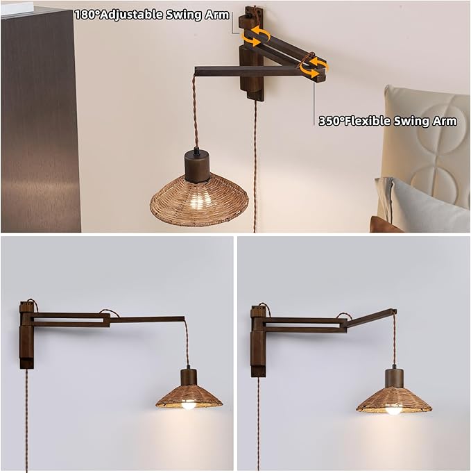 Wood Plug in Wall Sconces, Swing Arm Wall Lamp with Dimmable On Off Switch, Vintage Wall Mounted Light Fixture with Cord for Bedroom Nightstand Bedside Reading Lamp - Bulb Included