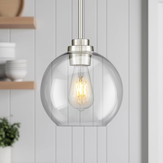 2 Pack Pendant Lights Kitchen Island, 8" Brushed Nickel Pendant Light Fixtures with Globe Clear Glass Shade, Modern Kitchen Island Lighting for Bathroom, AD-22280-2PL-SN