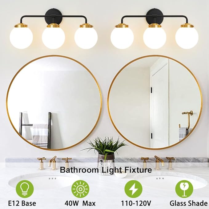 Black Gold Bathroom Light Fixtures Above Mirror, Modern Vanity Lighting with White Glass Globe Shade 3-Light Farmhouse Wall Sconce