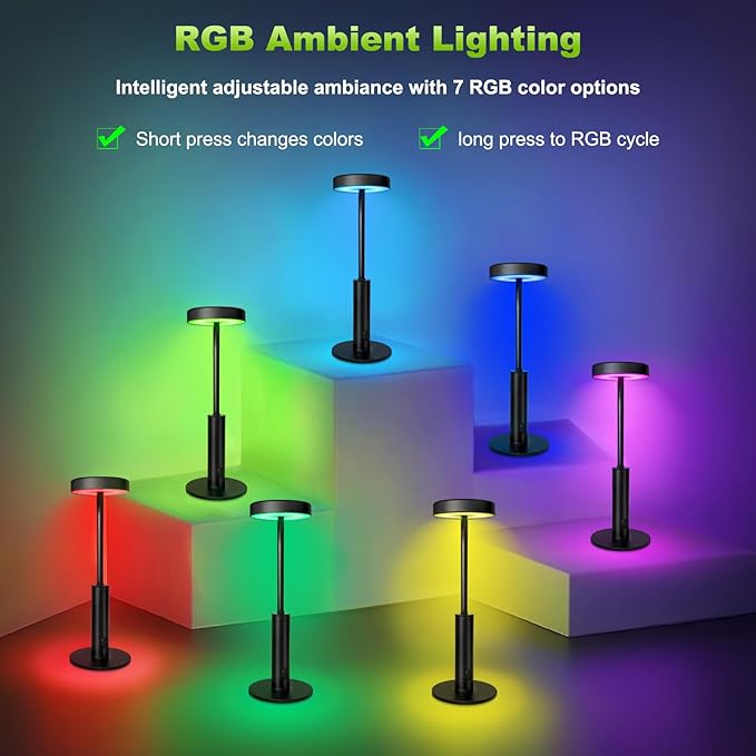 Wowag Small Cordless Table Lamps Rechargeable,5000mAh Battery Operated Portable Desk Lamp,3 Colors & RGB Stepless Dimmable Wireless Touch Lamps for Restaurant Home Dinner Dining Patio(Black)