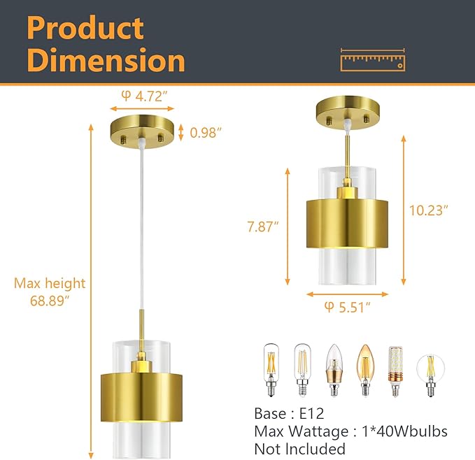 Modern Gold Pendant Lighting Indoor Kitchen Island Pendant Light Glass Shade Ceiling Light Fixtures for Bedroom Dining Room Living Room(2-Pack)