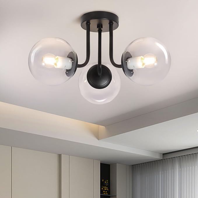 Bektas 3-Lights Semi Flush Mount Ceiling Light Fixture Matte Black Light Fixture Bend Modeling with Transparent Glass Shade for Bedroom,Living Room,Dinning Room Foyer Hallway