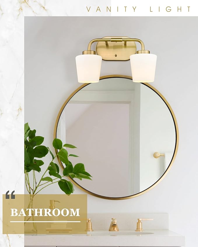 Brushed Gold Bathroom Vanity Light, Farmhouse Brass Sconces Wall Lighting with Milk White Glass, Champagne Bronze Light Fixture Over Mirror, AD-22004-2W-GD