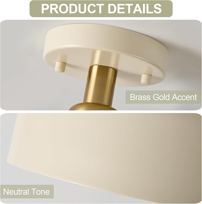 BISAMIYA Modern Semi Flush Mount Ceiling Light Fixture, Brass Accent and 12.6" Metal Shade Ceiling Light, for Kitchen, Hallway, Entryway, Pantry, Laundry Room