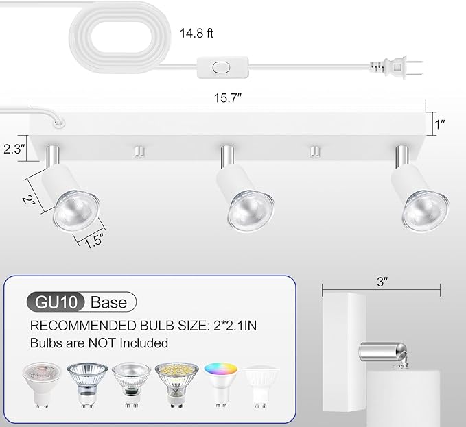 Plug-in Track Lighting, LED Track Lighting Fixtures Ceiling Kit, 16" White Plug in Wall Light with 14.8ft Cord, 3-Light Ceiling Spotlight,Rotatable Kitchen Light Head for Bedroom Hallway(GU10,NO Bulb)