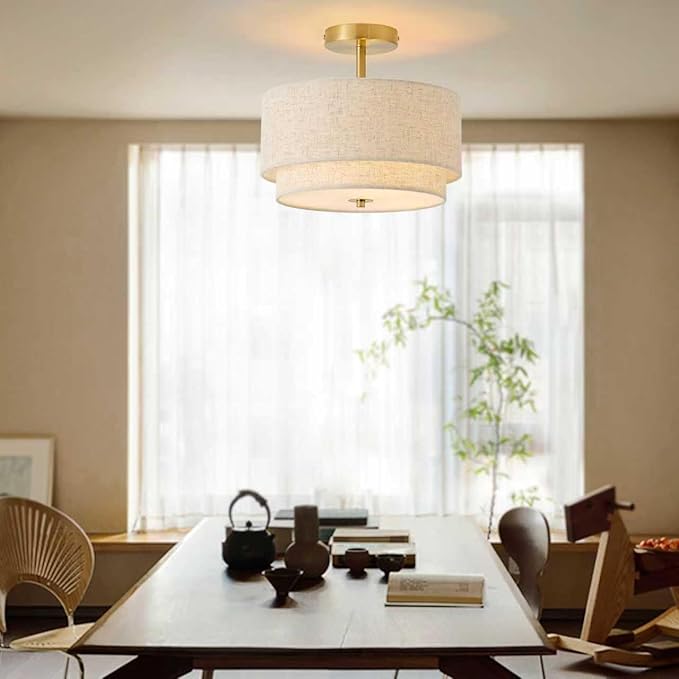 12.6" Flush Mount Ceiling Light Fixture,Gold 3-Light Modern Ceiling Light with Fabric Shade in Double Drum-Shape for Bedroom Hallway Nursery Living Room Kitchen Island(2-Tier Gold)