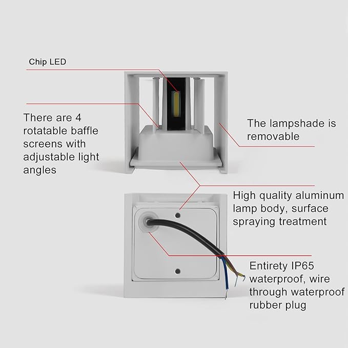 2 PCS 12W Outdoor Sconces Wall Lights LED Exterior/Interior Up and Down Lights IP65 Waterproof Modern Outdoor Lighting Fixtures Square Aluminum Exterior Wall Mount Light White 4000K Natural Lights