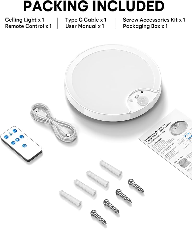 Fizrice Rechargeable Motion Sensor Ceiling Light – No Wiring, USB Charging, 150+ Days Battery Life, Perfect for Hallways, Closets & Bathrooms