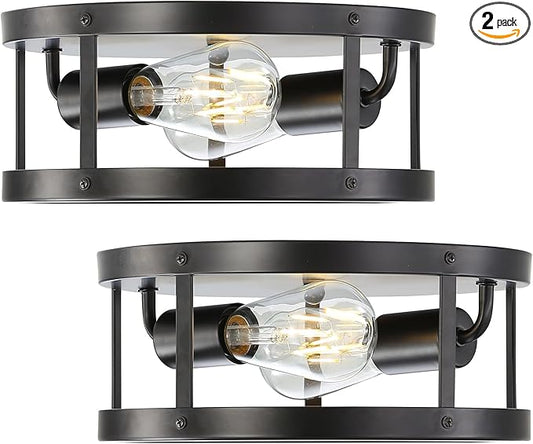 Farmhouse Semi Flush Mount Ceiling Light, Black 11inch 2-Light Metal Cage Light Fixture Ceiling Mount, Industrial Closed to Ceiling Mount Lamp, 2 Pack