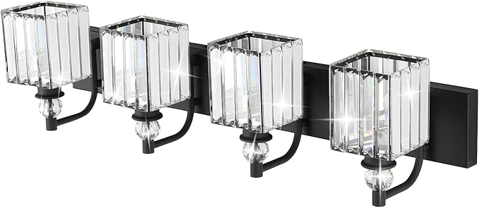 Ralbay Black Crystal Vanity Light 4 Light 31.5''Modern Matte Black Bathroom Wall Light Fixtures Over Mirror Bathroom Vanity Lights