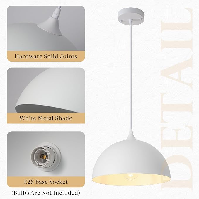 White Pendant Lights, 11.8 inch Pendant Lights Kitchen Island, Farmhouse Pendant Light Fixtures (White Inside), Industrial Pendant Lighting for Dining Room, Bedroom, Hallway (1 Pack)