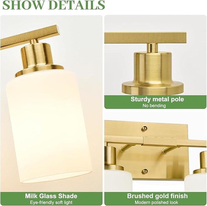 MOKATNG 3-Light Bathroom Light Fixtures, Brushed Gold Vanity Light with Milky White Shades, Bathroom Lighting Fixtures Over Mirror, Modern Bathroom Wall Lamp for Mirror Living Room Cabinet Bedroom