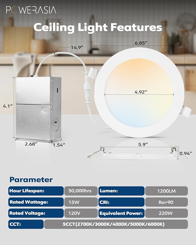 6 Pack 6 Inch LED Recessed Lights with Junction Box, Recessed Lighting 6 Inch 5CCT Dimmable 2700K-6000K,15W 1200lm Canless Downlight-ETL and Energy Star Certified