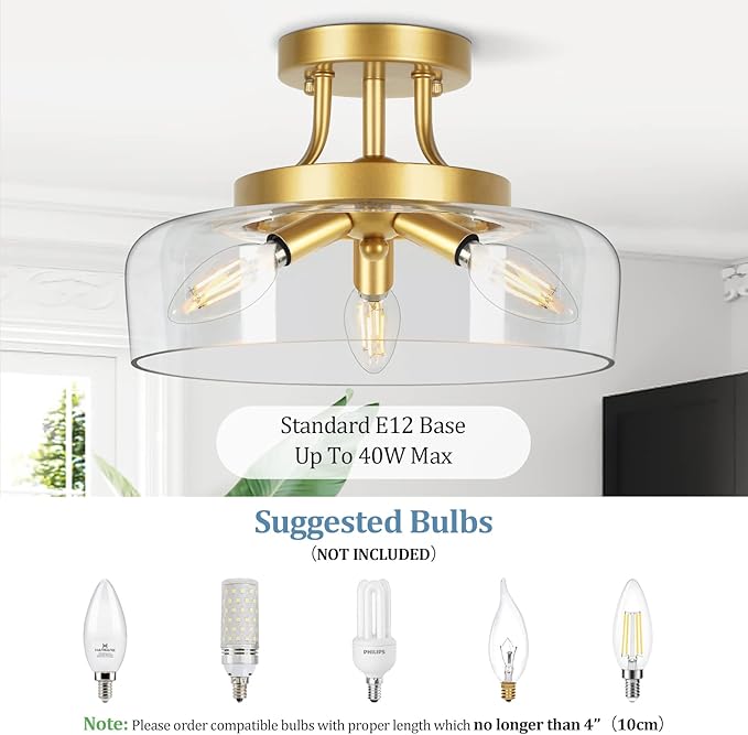 TOBUSA 3-Light Gold Semi Flush Mount Light Fixture, Modern Ceiling Light with Drum Glass Shade, Golden Ceiling Lamp for Living Room Kitchen Bedroom Hallway Bathroom Laundry, E12 Socket, No Bulbs