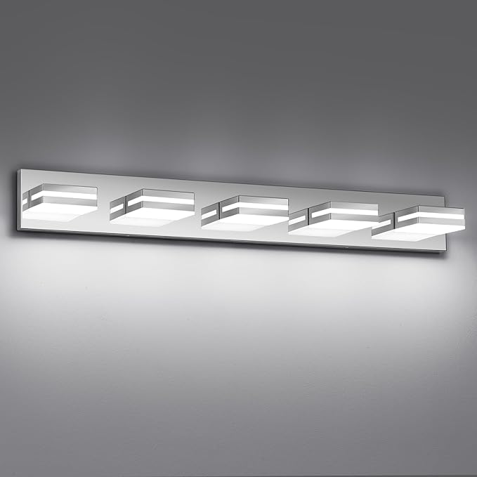 Modern LED Bathroom Lights Fixtures 5-Light,Stainless Steel Chrome Acrylic Wall Lighting,Vanity Lights for Bathroom Over Mirror 6000k 34in