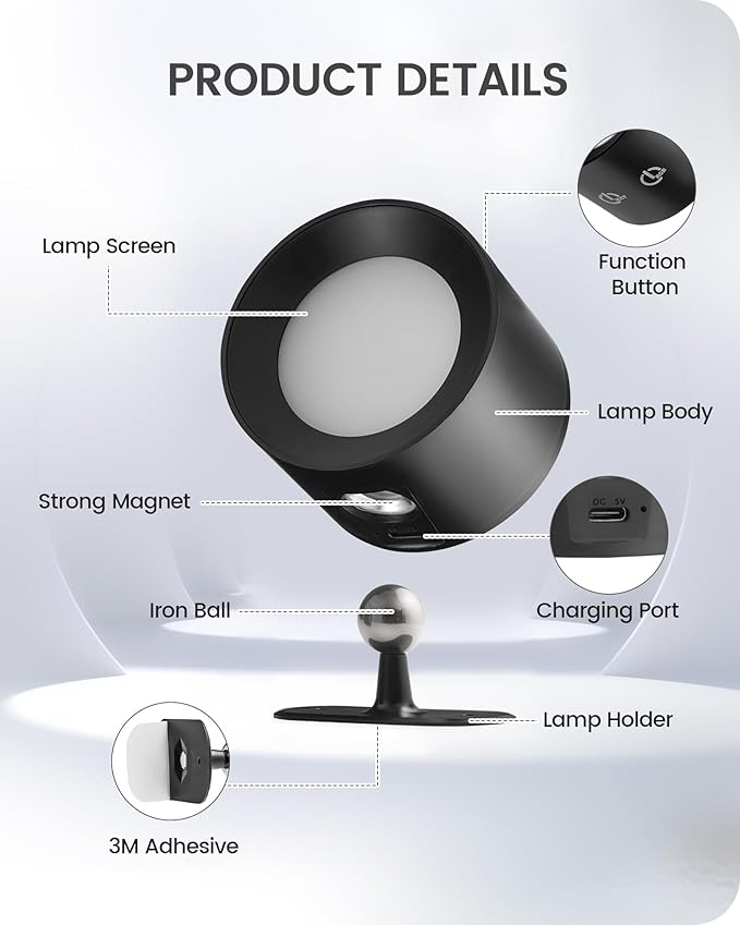Battery Operated Wall Sconce Set of 2, Rechargeable Wall Lights with Remote Control, 3 Color Temp 3 RGB Dimmable, 360° Rotation Cordless Wall Mount Lamp for Hallway Bedroom, Black B02YBP206