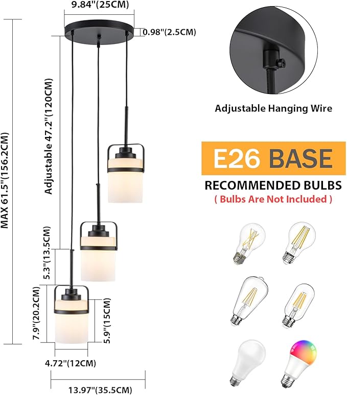 Black 3-Light Pendant Lighting, Adjustable Cluster Hanging Light Fixture with Milk Glass Shade, Modern Pendant Light for Kitchen Island Dining Room Bar