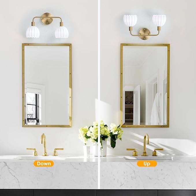 2-Light Gold Brass Bathroom Light Fixture,Wall Sconces,Brushed Gold Vanlity Light Over Mirror,Bathroom Vanity Light with White Glass Flower Shade,E26 Socket(Bulbs Not Included)