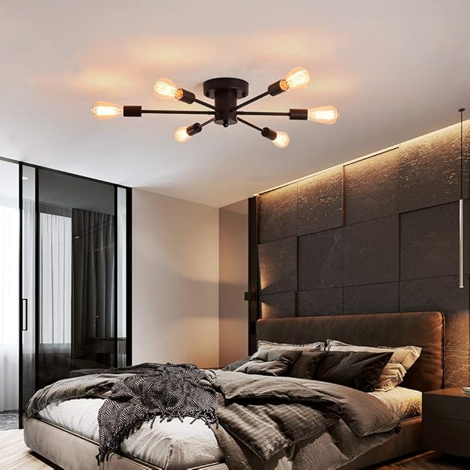 UOFUS 6 Lights Sputnik Semi Flush Mount Ceiling Light Matte Black Modern Edison Chandelier Industrial Close to Ceiling Light for Farmhouse Dining Room Kitchen Bedroom Living Room Study