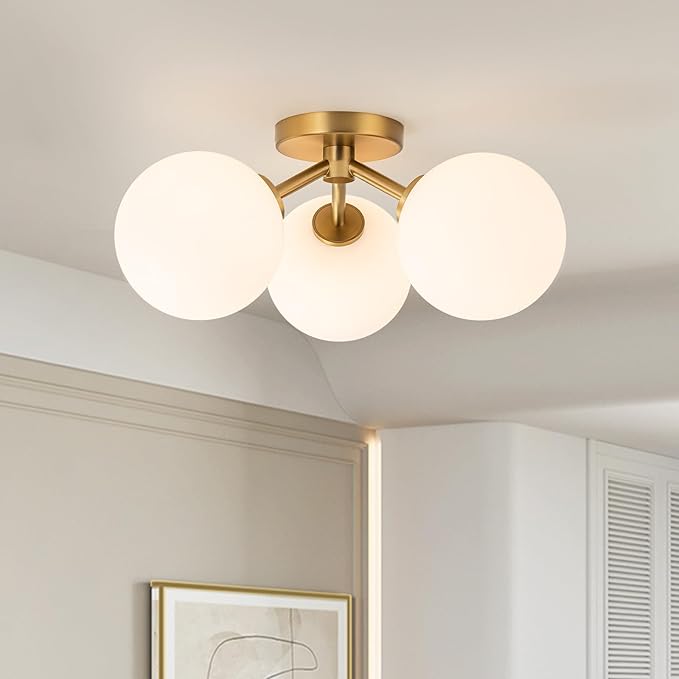 Mid Century Modern Gold Semi Flush Mount Ceiling Light Fixture 3 Light 18 inch, Globe Light Fixtures for Bedroom,Entryway,Hallway,Living Room,Kitchen,Dining Room