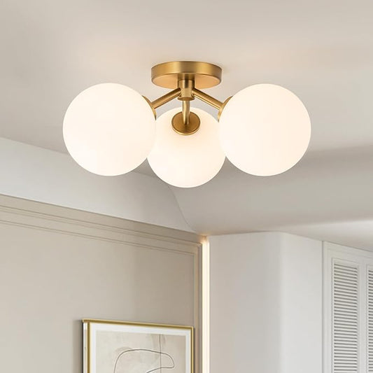 Mid Century Modern Gold Semi Flush Mount Ceiling Light Fixture 3 Light 18 inch, Globe Light Fixtures for Bedroom,Entryway,Hallway,Living Room,Kitchen,Dining Room