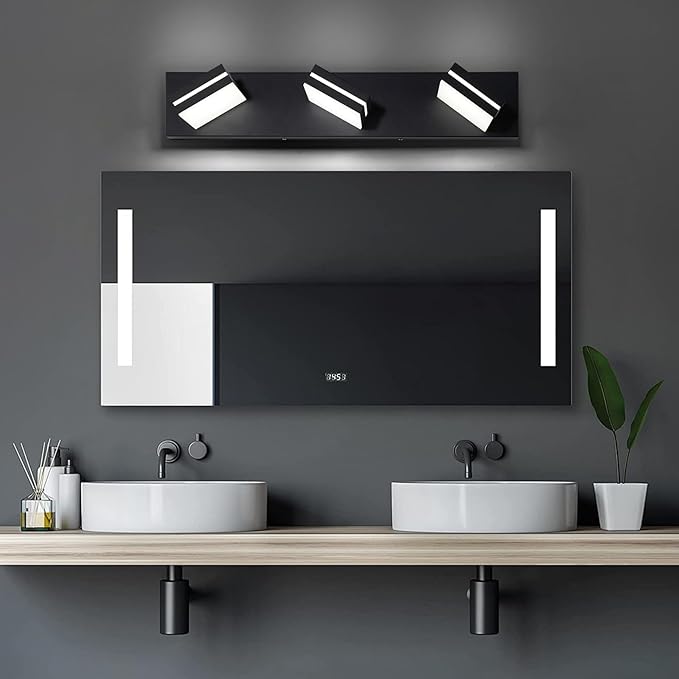 OKELI 3 Light Bathroom Vanity Light Matte Black Modern 24W LED Dimmable Vanity Light Over Mirror 350° Adjustable Lamp Head Cold White 6000K ETL Listed 22Inch