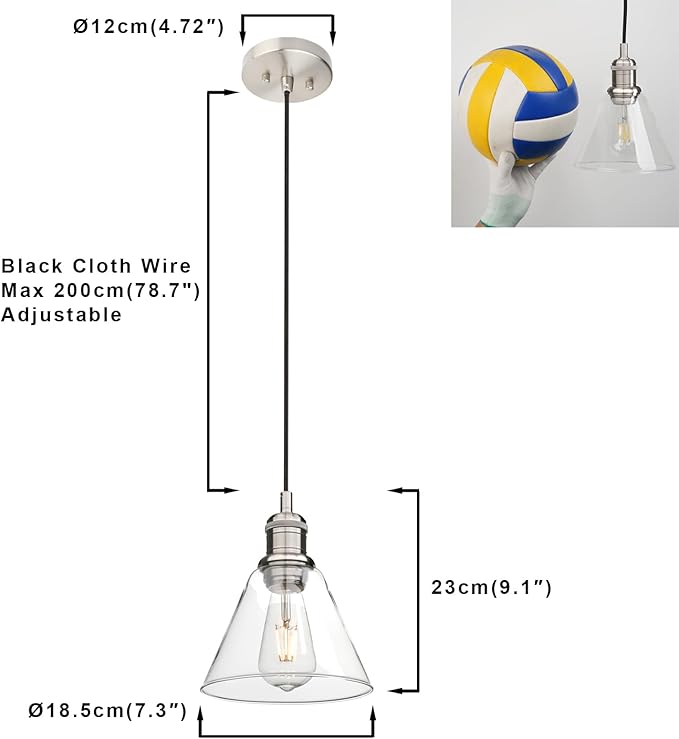 Yosoan -Light Vintage Edison Hanging Pendant Light, Mini Funnel Flared Glass Clear Glass Shade for Kitchen Bathroom Porch Living Room Dinning Room Office Restaurants Hotels Bar Island (Brushed)