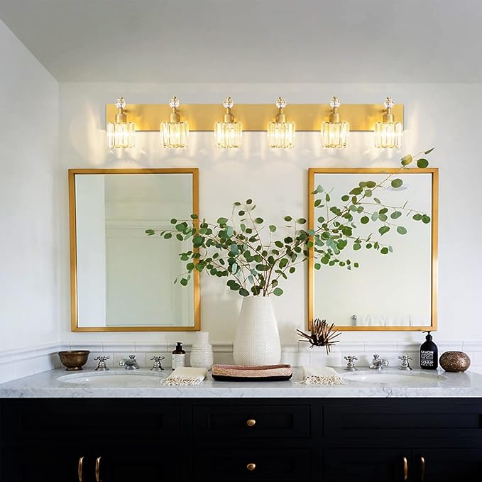 PRESDE Crystal 6 Light Bathroom Vanity Lights Gold Vanity Light for Bathroom Over Mirror Modern Wall Sconce