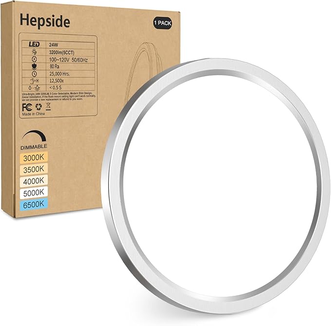 hepside LED Flush Mount Ceiling Light Fixture Brushed Nickel, 12Inch 24W, Dimmable&3000K-6500K Adjustable Low Profile Ceiling Lights, 3200LM Modern Lamp for Kitchen, Bedroom, Porch, Hallway